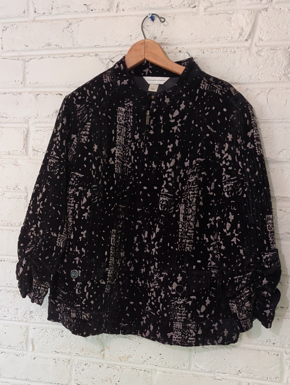 Christopher & Banks Black and Light Gray Abstract Print Bomber